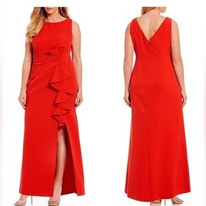 ELIZA J RED SLEEVELESS BATEAU NECK RUFFLES CASCADE SKIRT MAXI GOWN Size 10